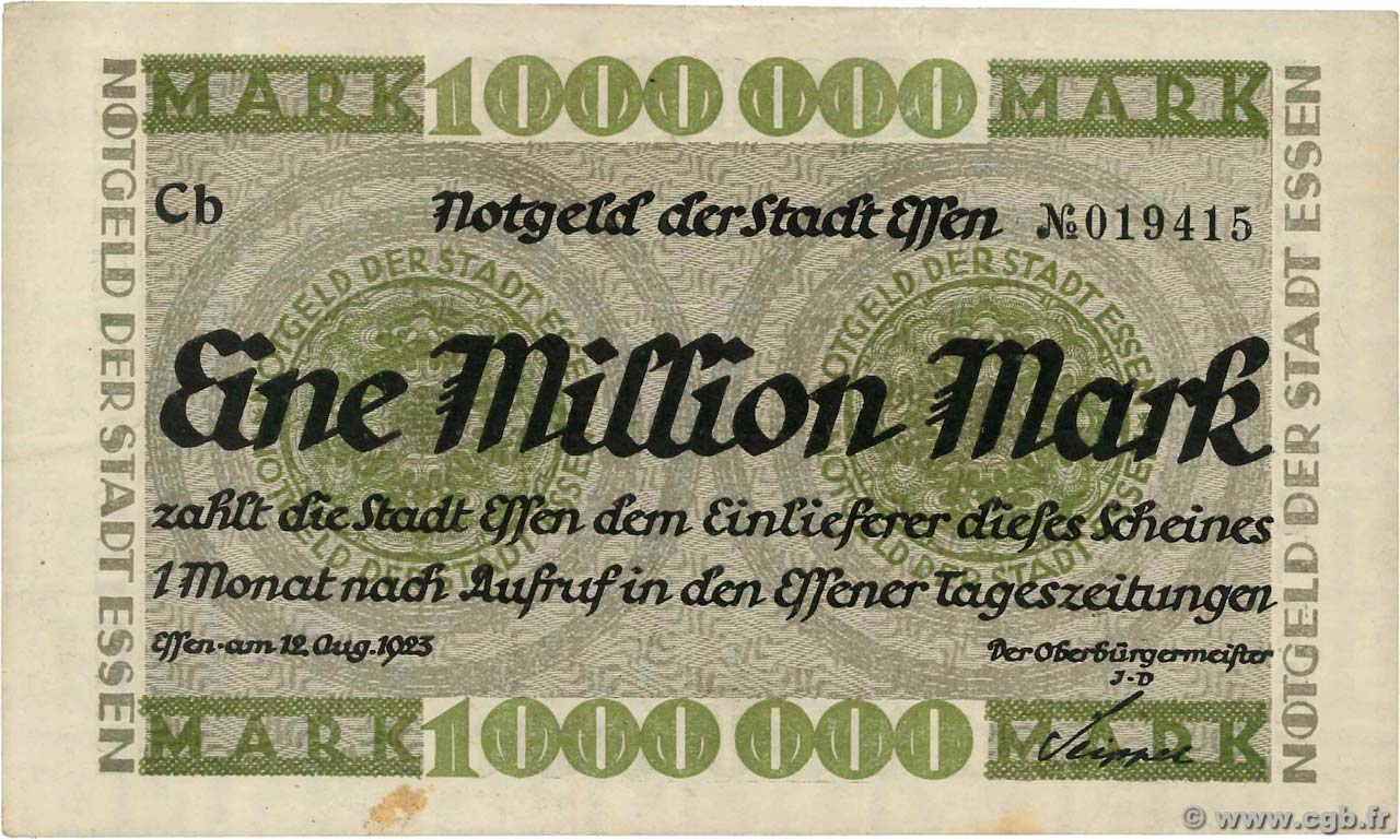 1 Million Mark GERMANIA Essen 1923  q.SPL