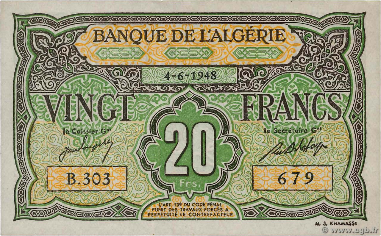 20 Francs ALGÉRIE  1948 P.103 TTB