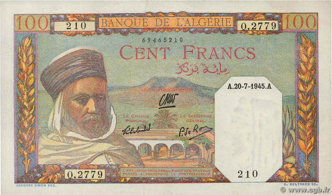100 Francs ALGERIA  1945 P.085 AU