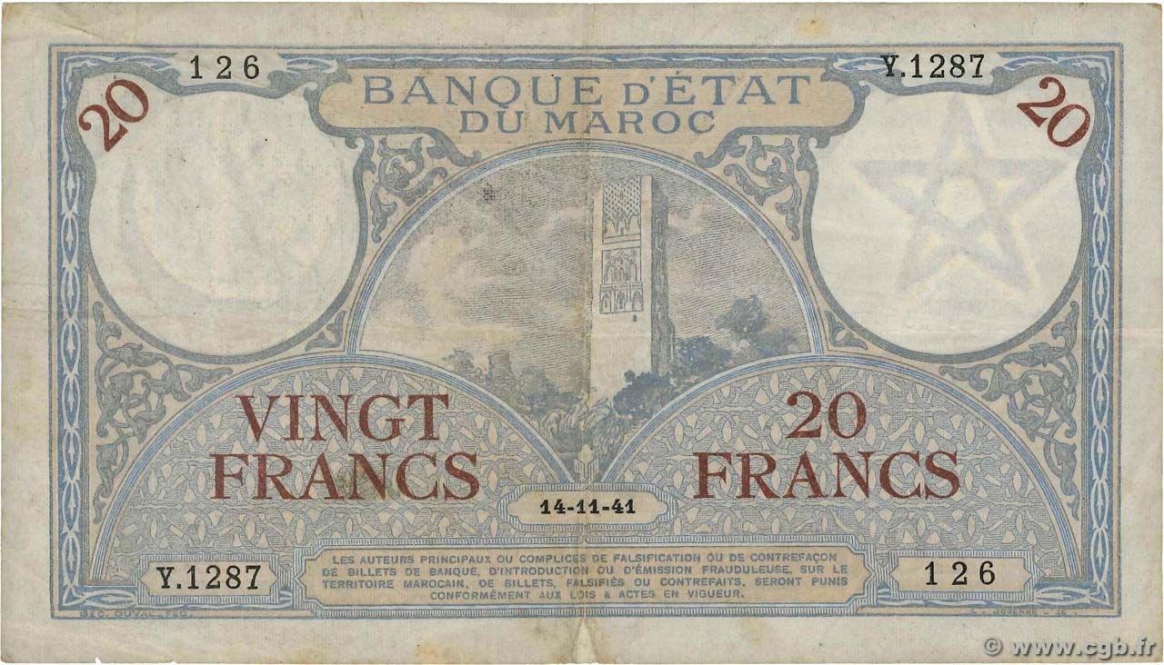20 Francs MAROKKO  1941 P.18b S