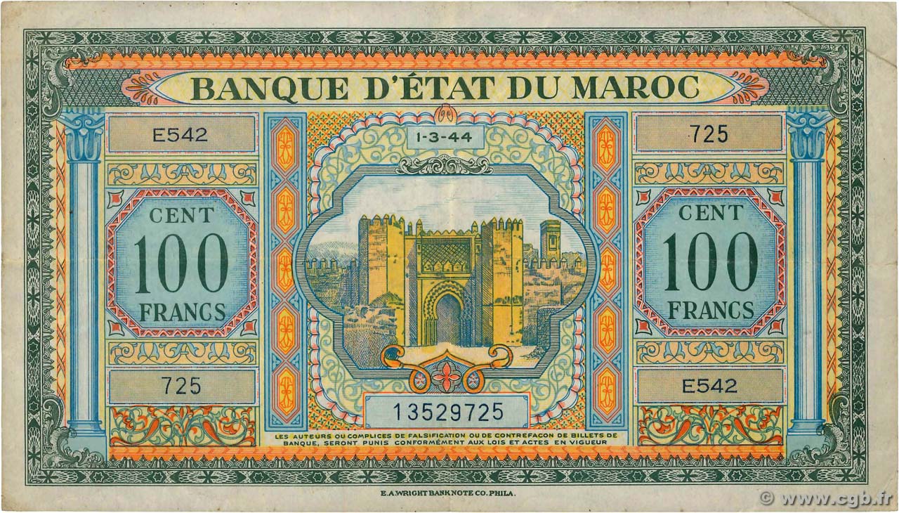 100 Francs MARUECOS  1944 P.27a BC+