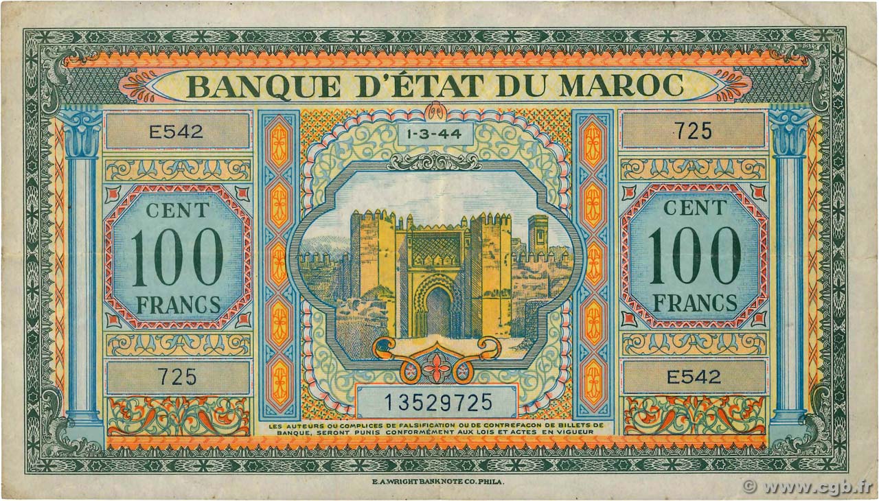 100 Francs MAROCCO  1944 P.27a q.BB