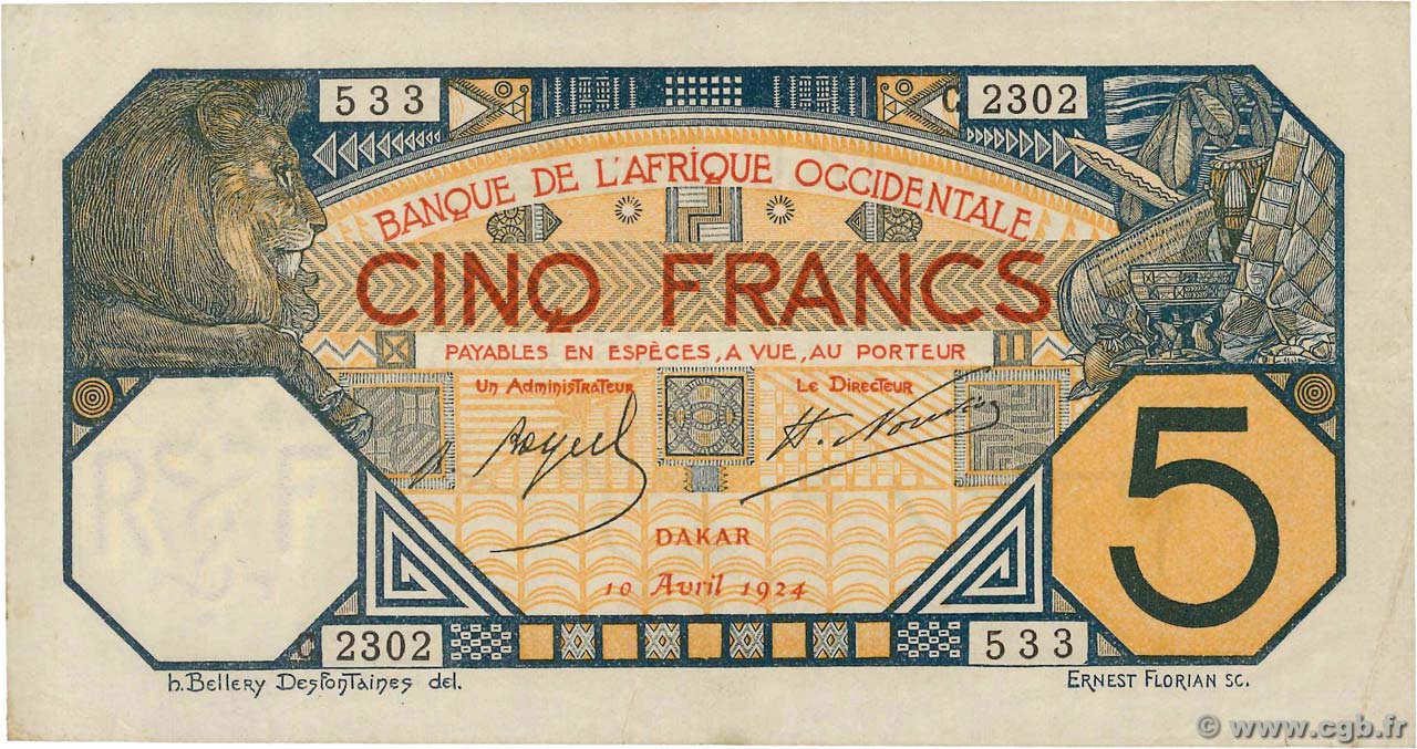 5 Francs DAKAR AFRIQUE OCCIDENTALE FRANÇAISE (1895-1958) Dakar 1924 P.05Bb TTB