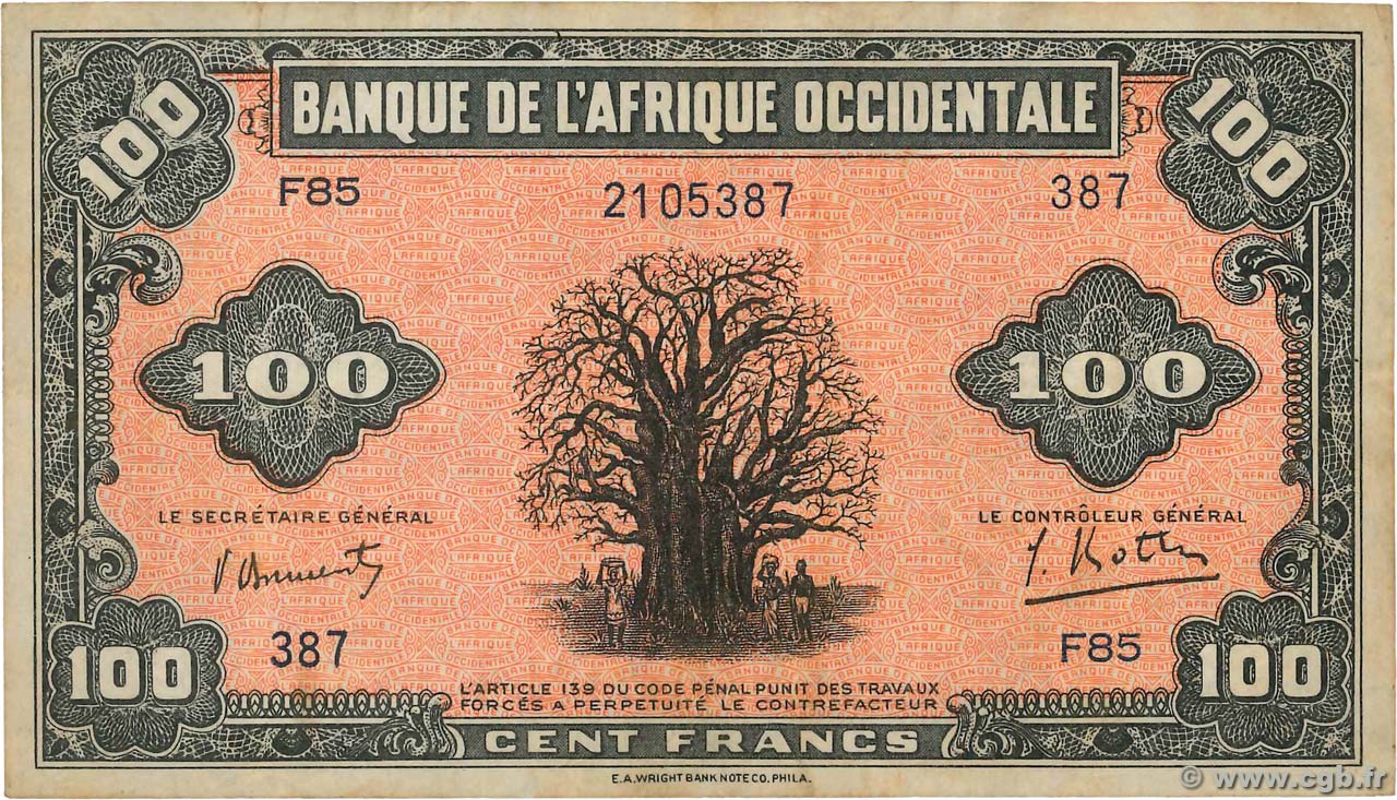 100 Francs AFRIQUE OCCIDENTALE FRANÇAISE (1895-1958)  1942 P.31a TTB