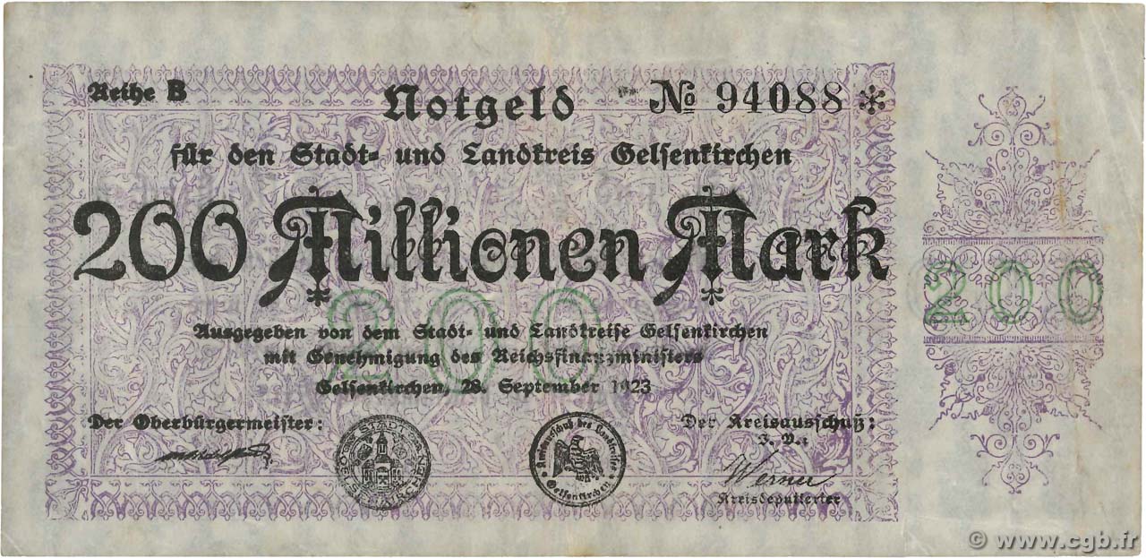 200 Millions Mark ALLEMAGNE Gelsenkirchen 1923  TTB
