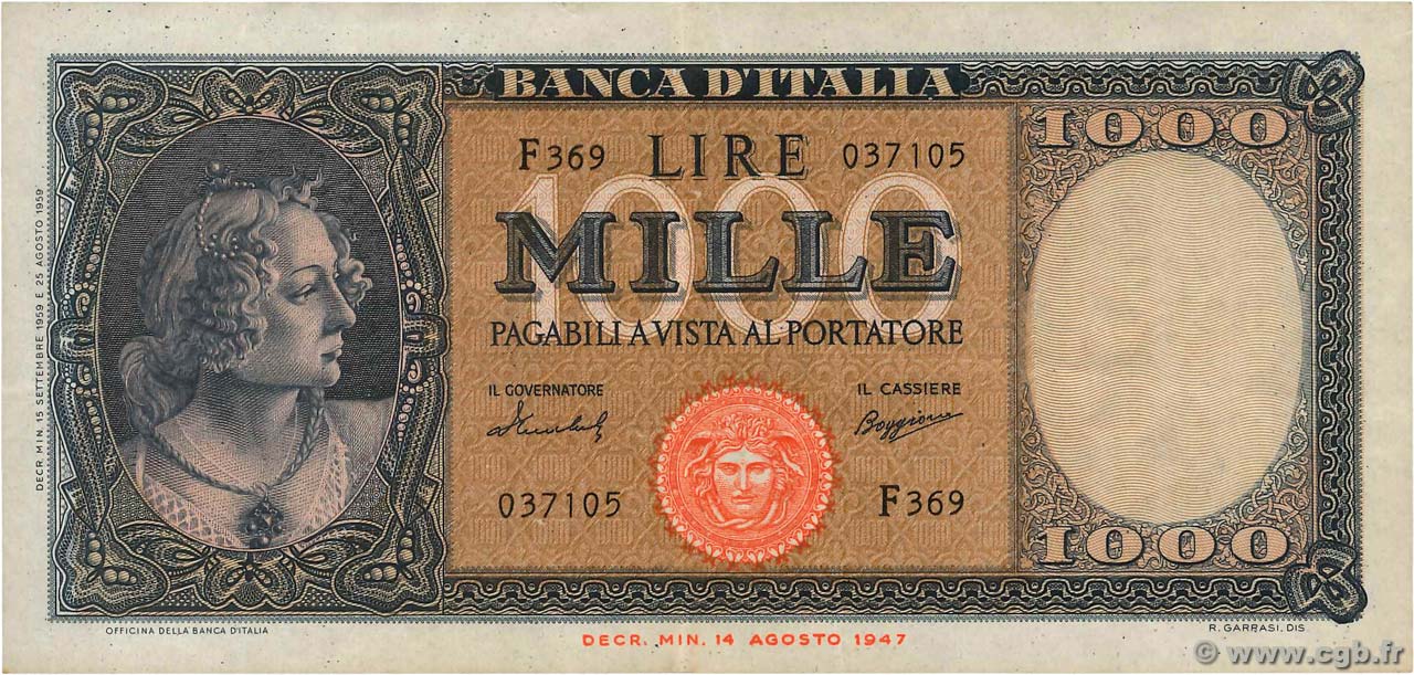 1000 Lire ITALIA  1959 P.088c MBC+