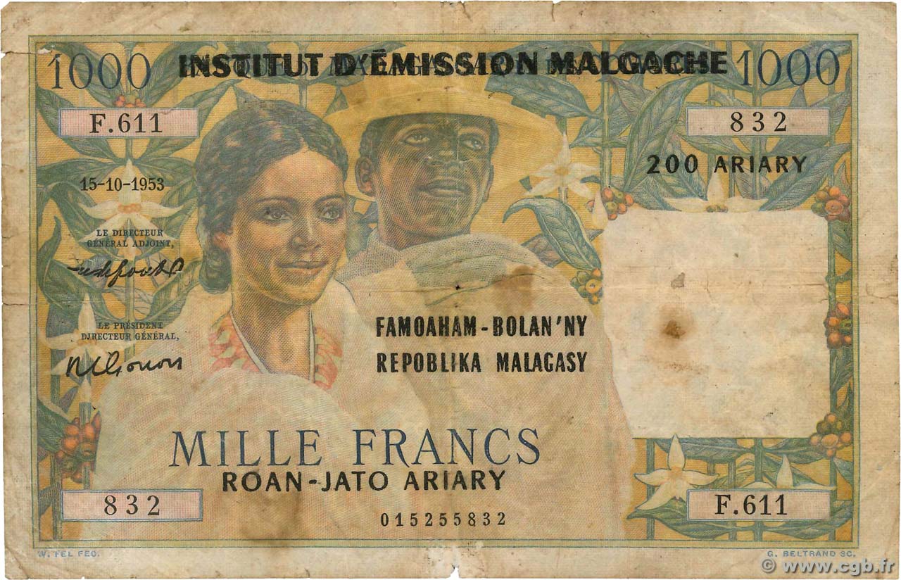 1000 Francs - 200 Ariary MADAGASCAR  1961 P.054 B