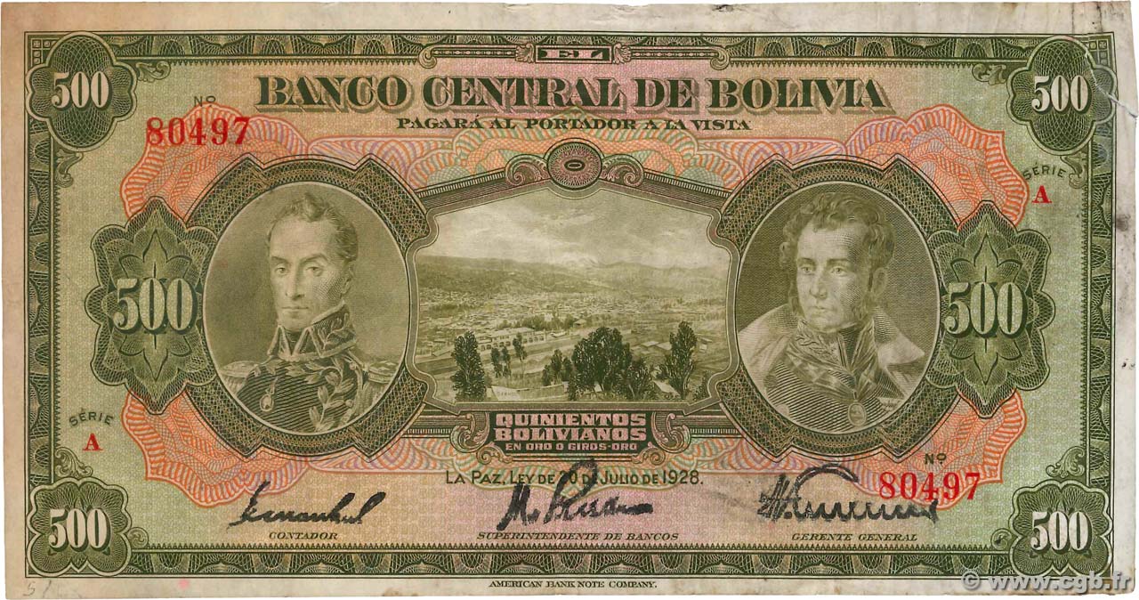 500 Bolivianos BOLIVIE  1928 P.126b TB