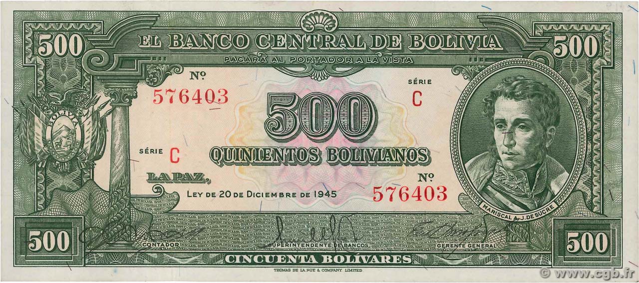 500 Bolivianos BOLIVIA  1945 P.143 SC