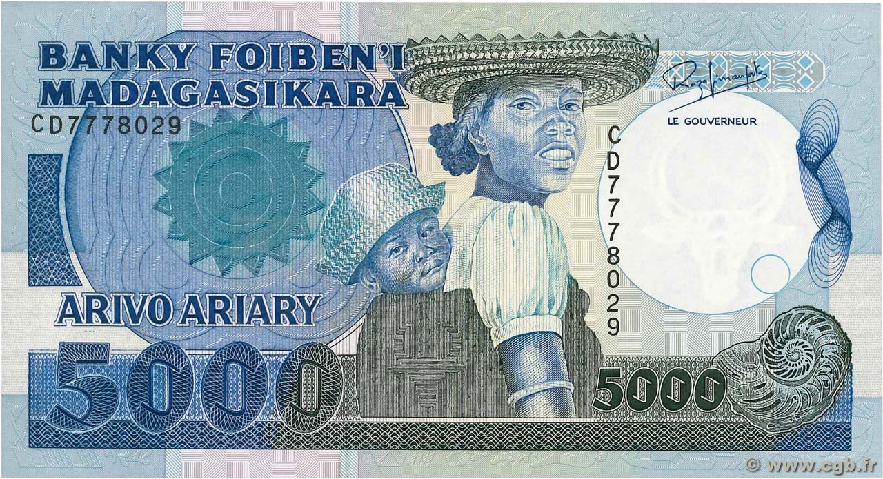 5000 Francs - 1000 Ariary MADAGASCAR  1988 P.073b NEUF