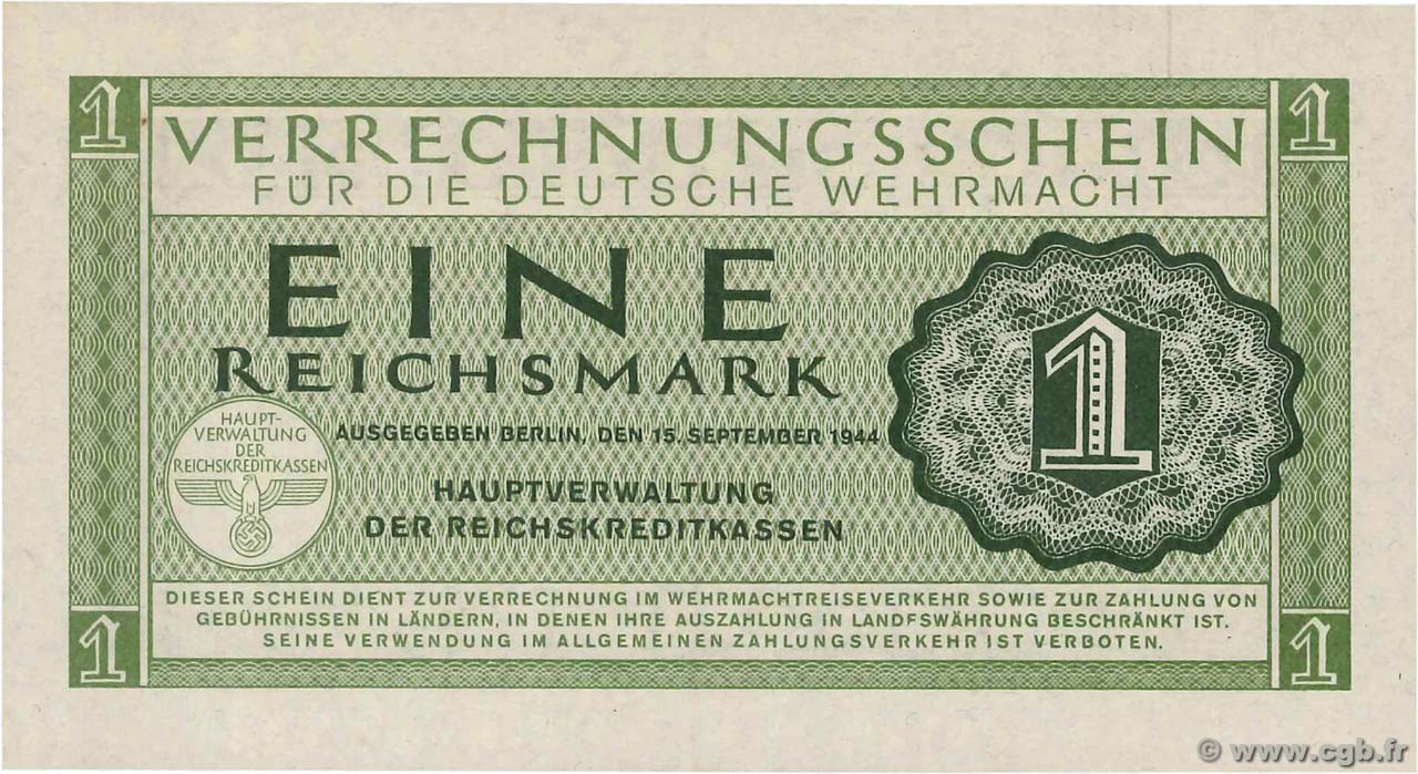 1 Reichsmark ALLEMAGNE  1944 P.M38 NEUF
