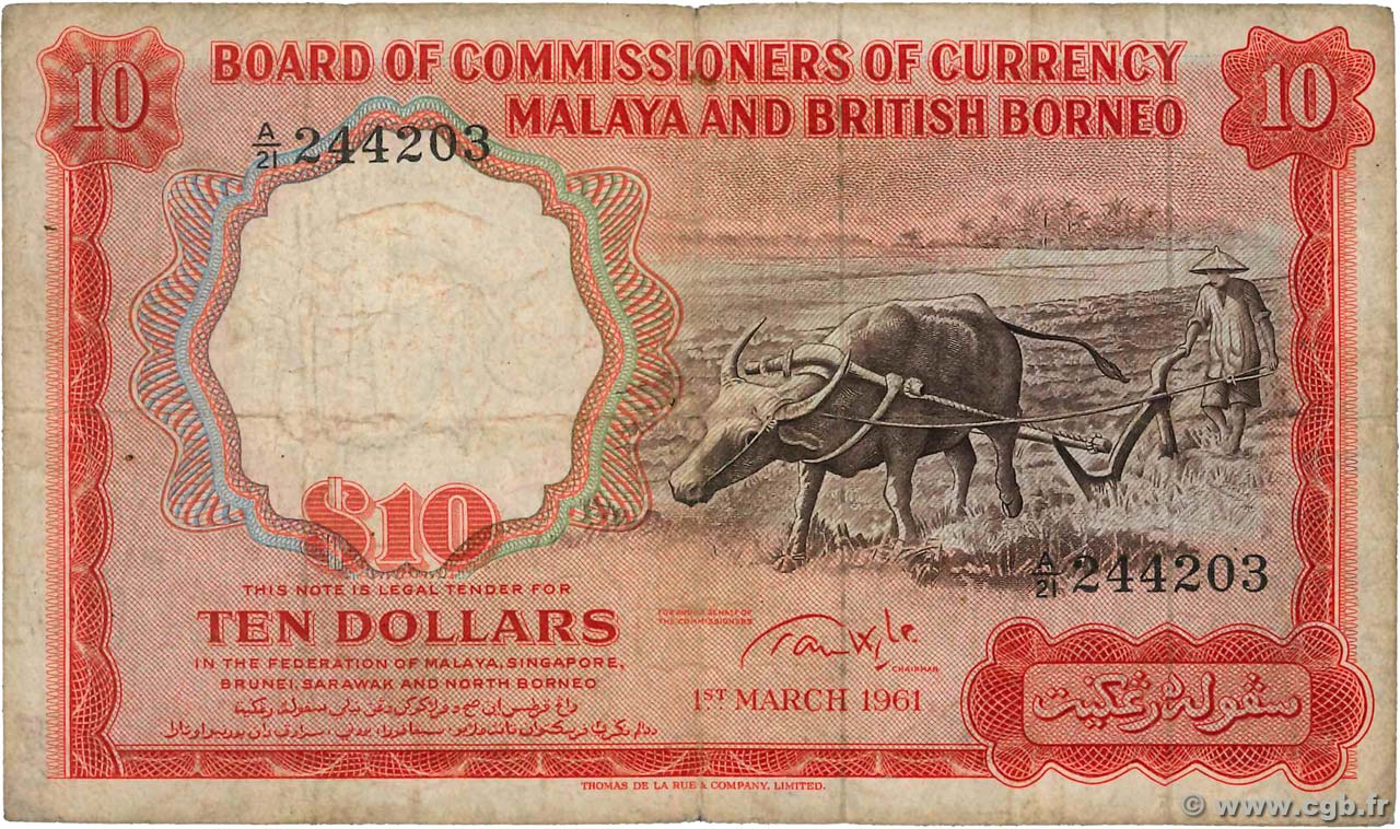 10 Dollars MALAISIE et BORNEO BRITANNIQUE  1961 P.09b TB