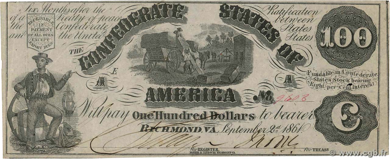 100 Dollars ÉTATS CONFÉDÉRÉS D AMÉRIQUE  1861 P.38 TTB+
