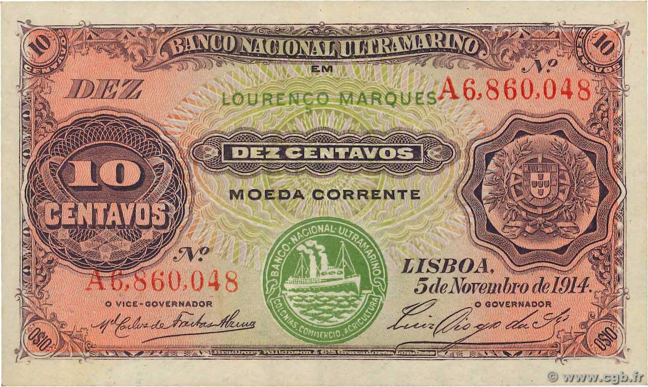 10 Centavos MOZAMBIQUE  1914 P.059 AU-