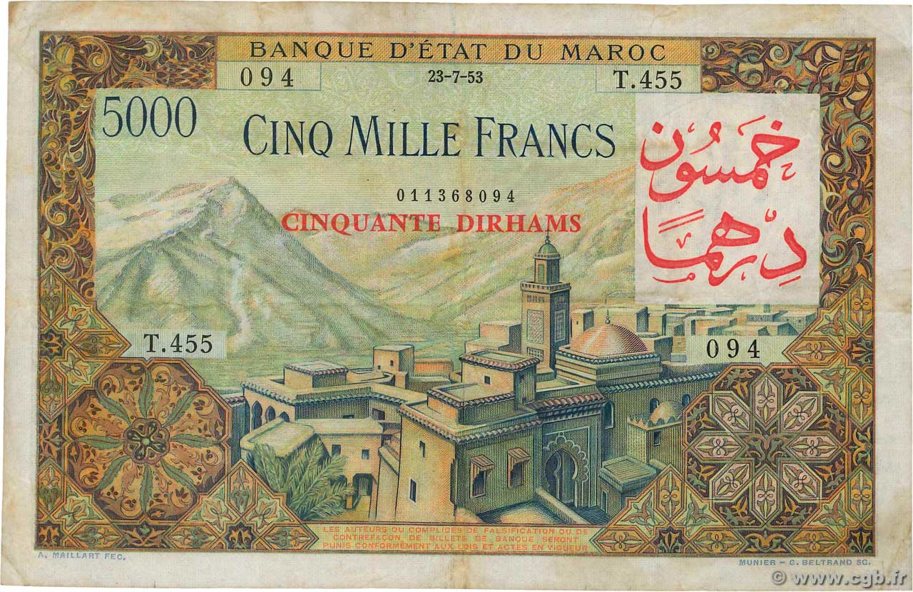50 Dirhams sur 5000 Francs MAROC  1953 P.51 TB