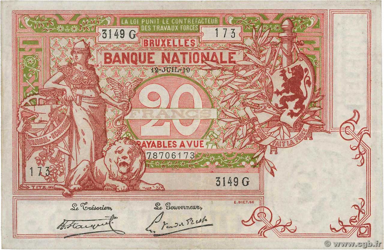 20 Francs BELGIQUE  1919 P.067 TTB