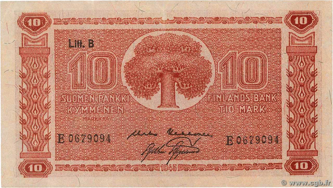 10 Markkaa FINLANDE  1945 P.085 SUP