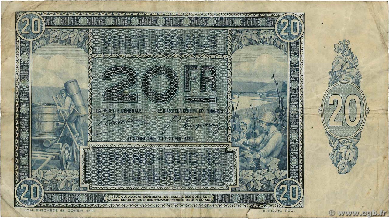 20 Francs LUXEMBOURG  1929 P.37a TB
