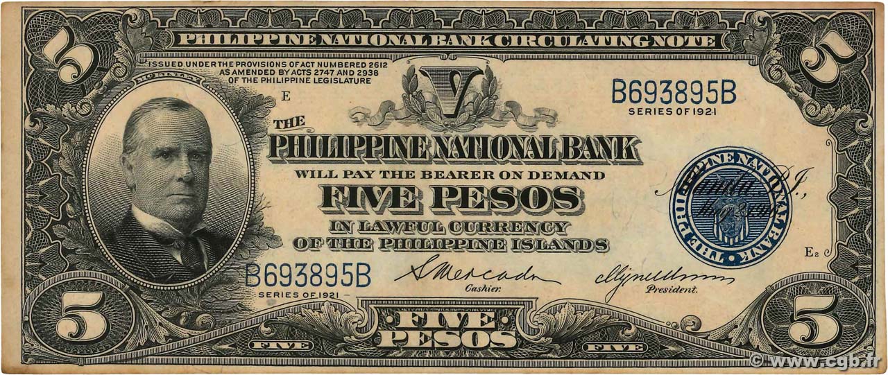 5 Pesos PHILIPPINES  1921 P.053 TTB+