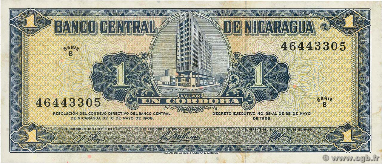 1 Cordoba NICARAGUA  1968 P.115a SPL