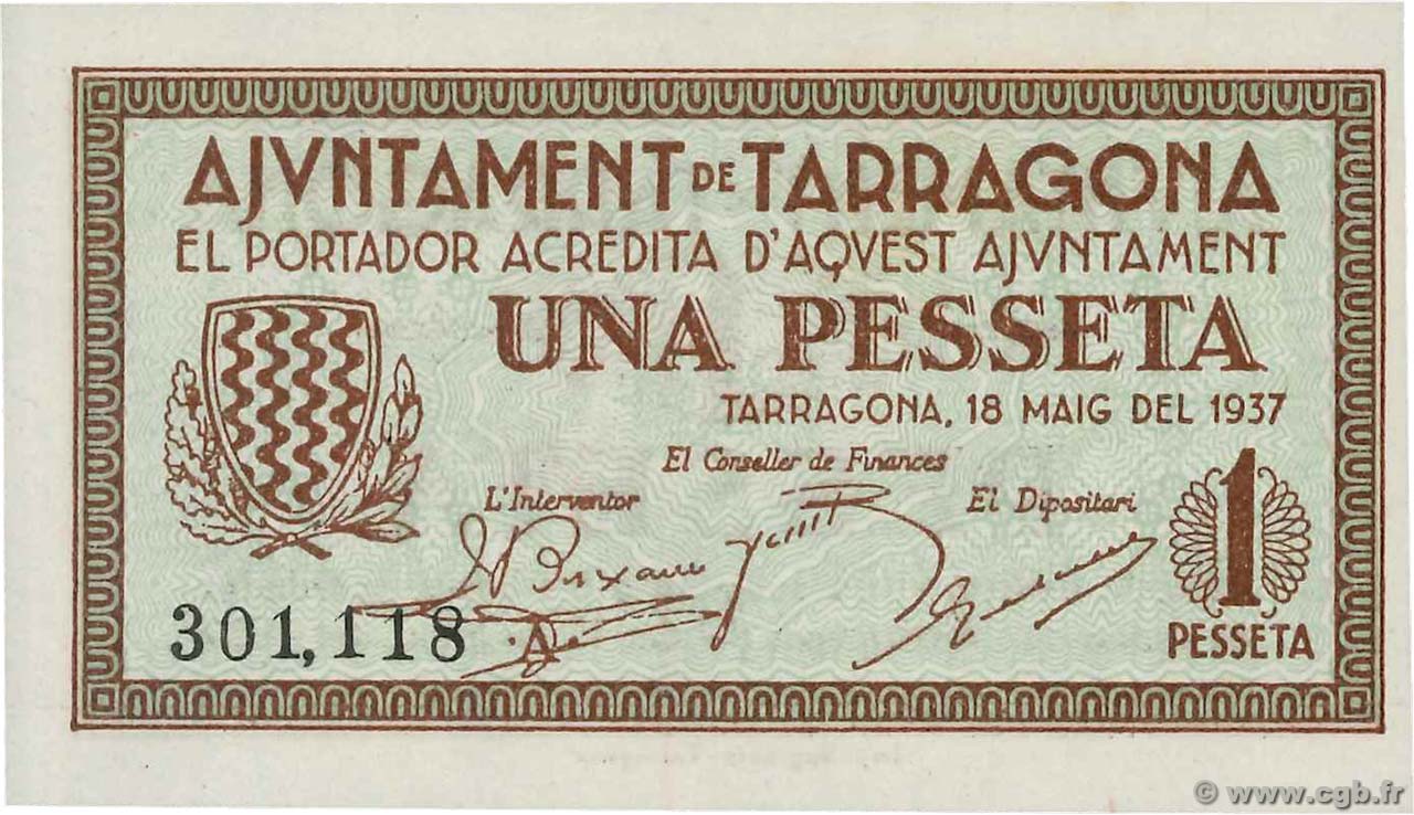 1 Pesseta ESPAGNE Tarragona 1937  NEUF