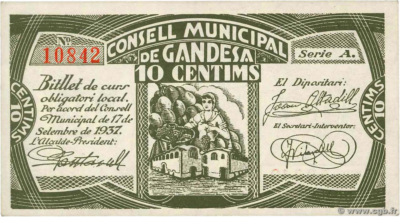 10 Centims SPANIEN Gandesa 1937  fST+
