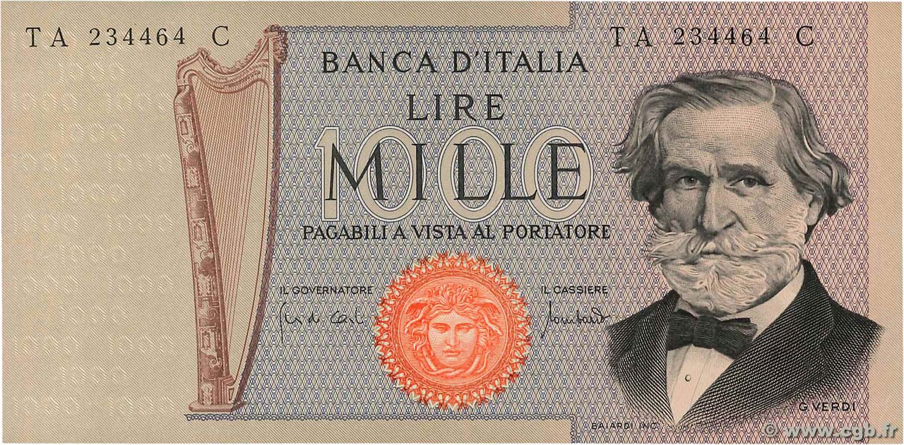 1000 Lire ITALY  1969 P.101a AU