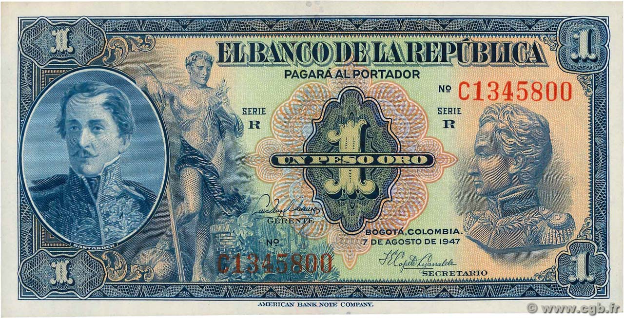 1 Peso Oro COLOMBIE  1947 P.380e NEUF