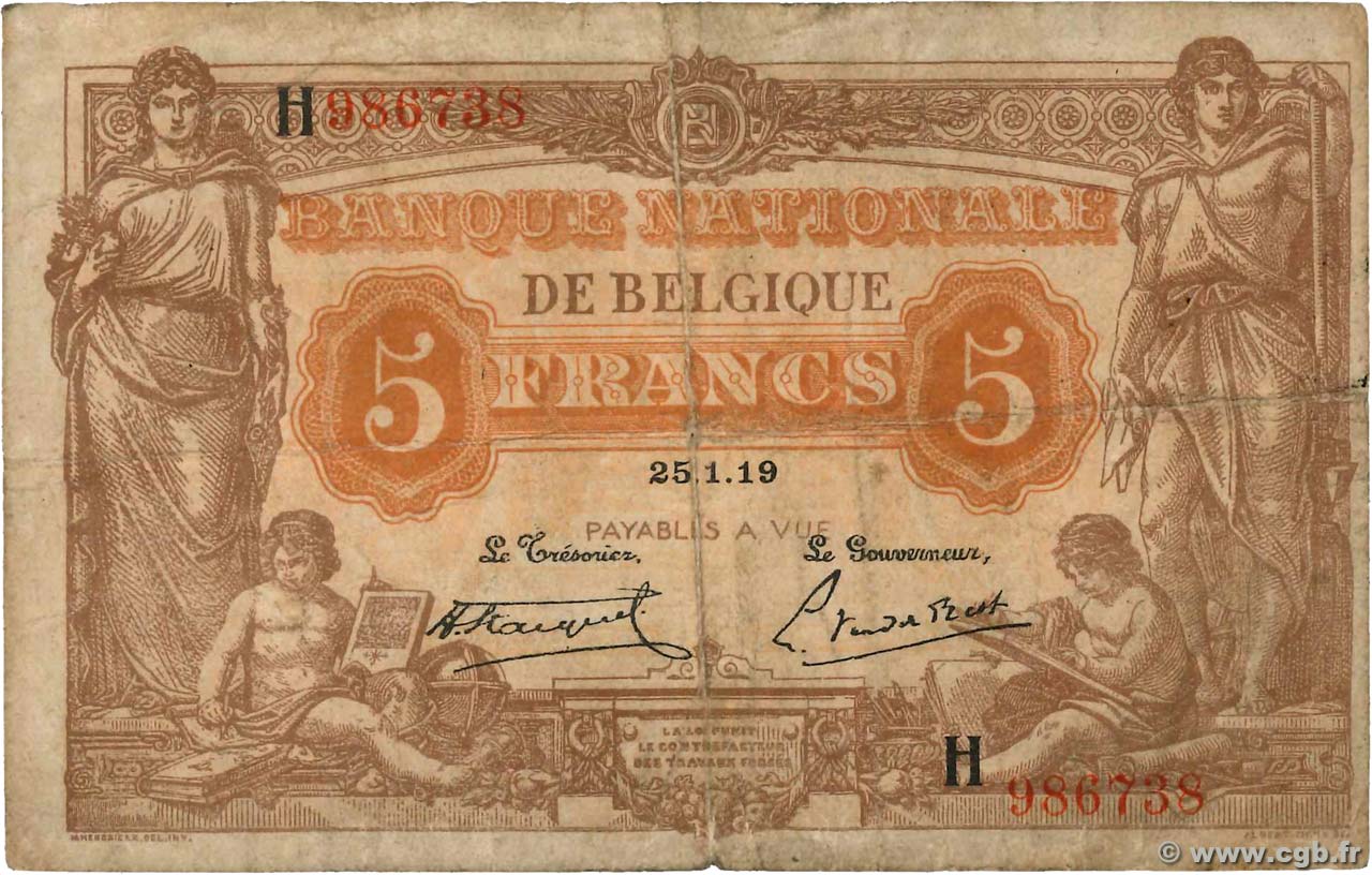 5 Francs BELGIQUE  1919 P.074b TB