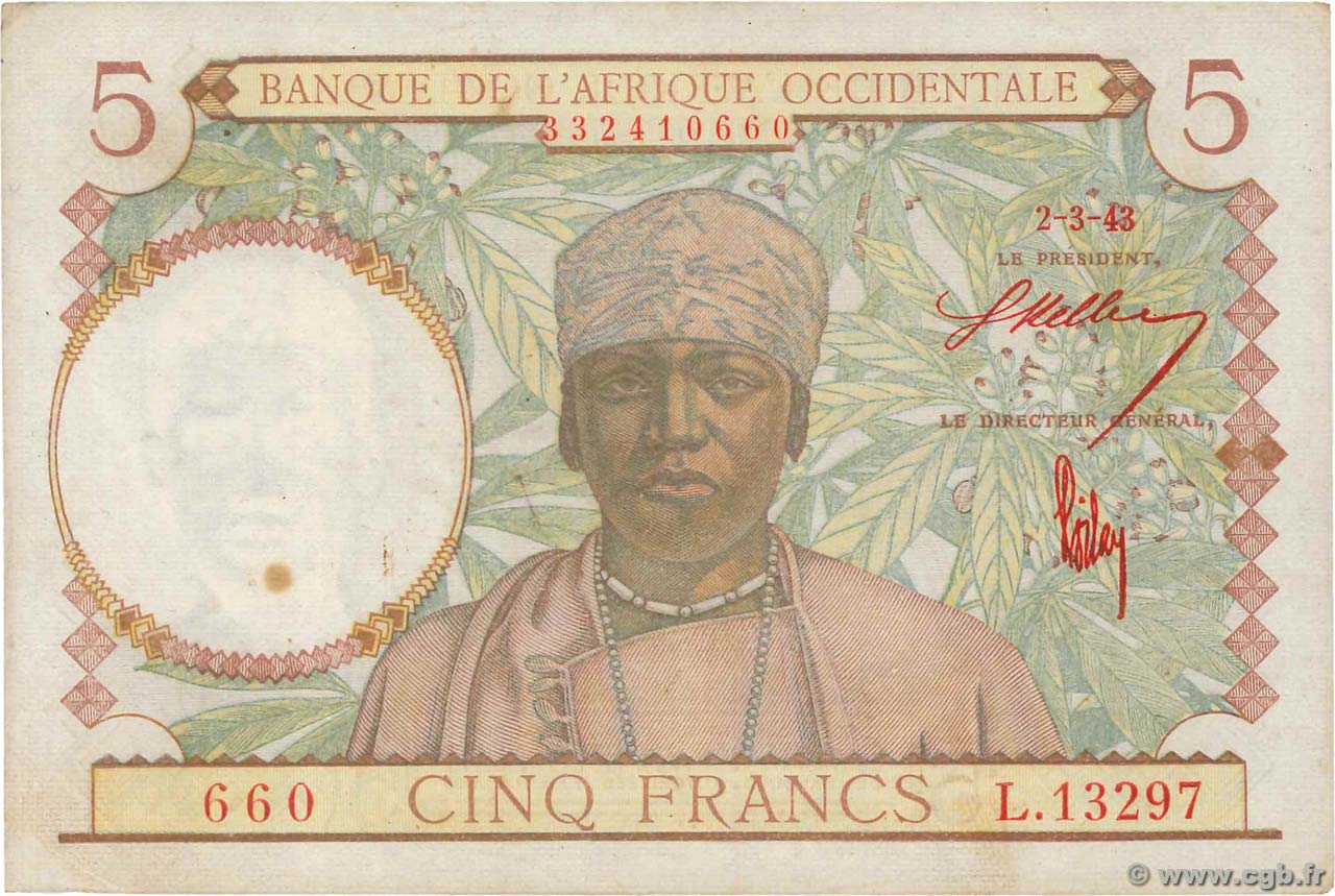 5 Francs AFRIQUE OCCIDENTALE FRANÇAISE (1895-1958)  1943 P.26 TTB