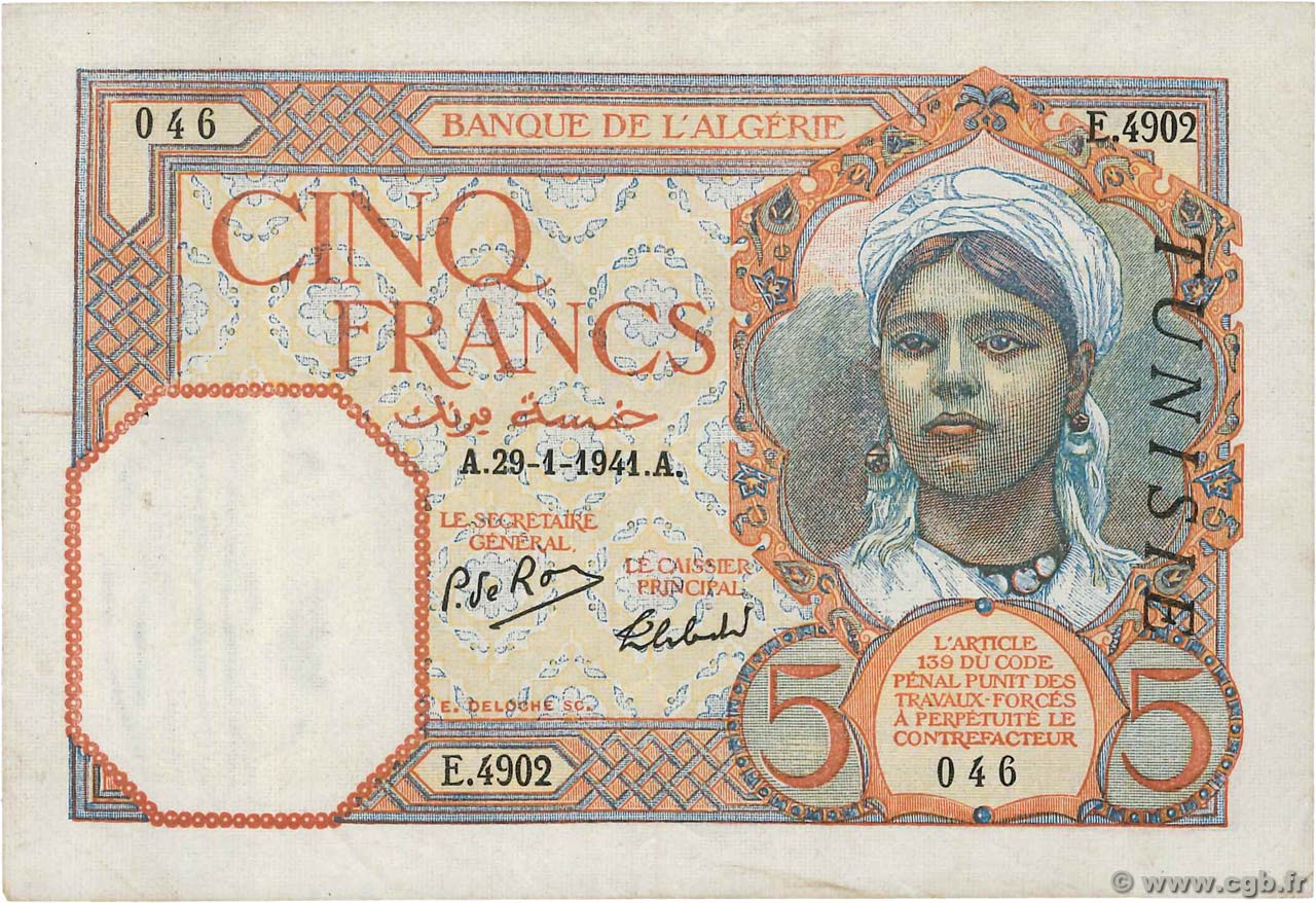 5 Francs TUNISIE  1941 P.08b TTB