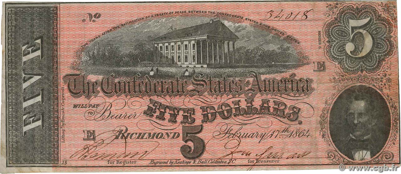 5 Dollars ÉTATS CONFÉDÉRÉS D AMÉRIQUE Richmond 1864 P.067 TTB