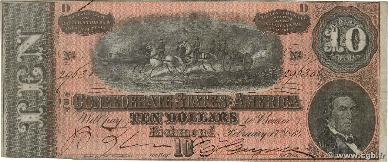 10 Dollars ÉTATS CONFÉDÉRÉS D AMÉRIQUE Richmond 1864 P.68 TTB