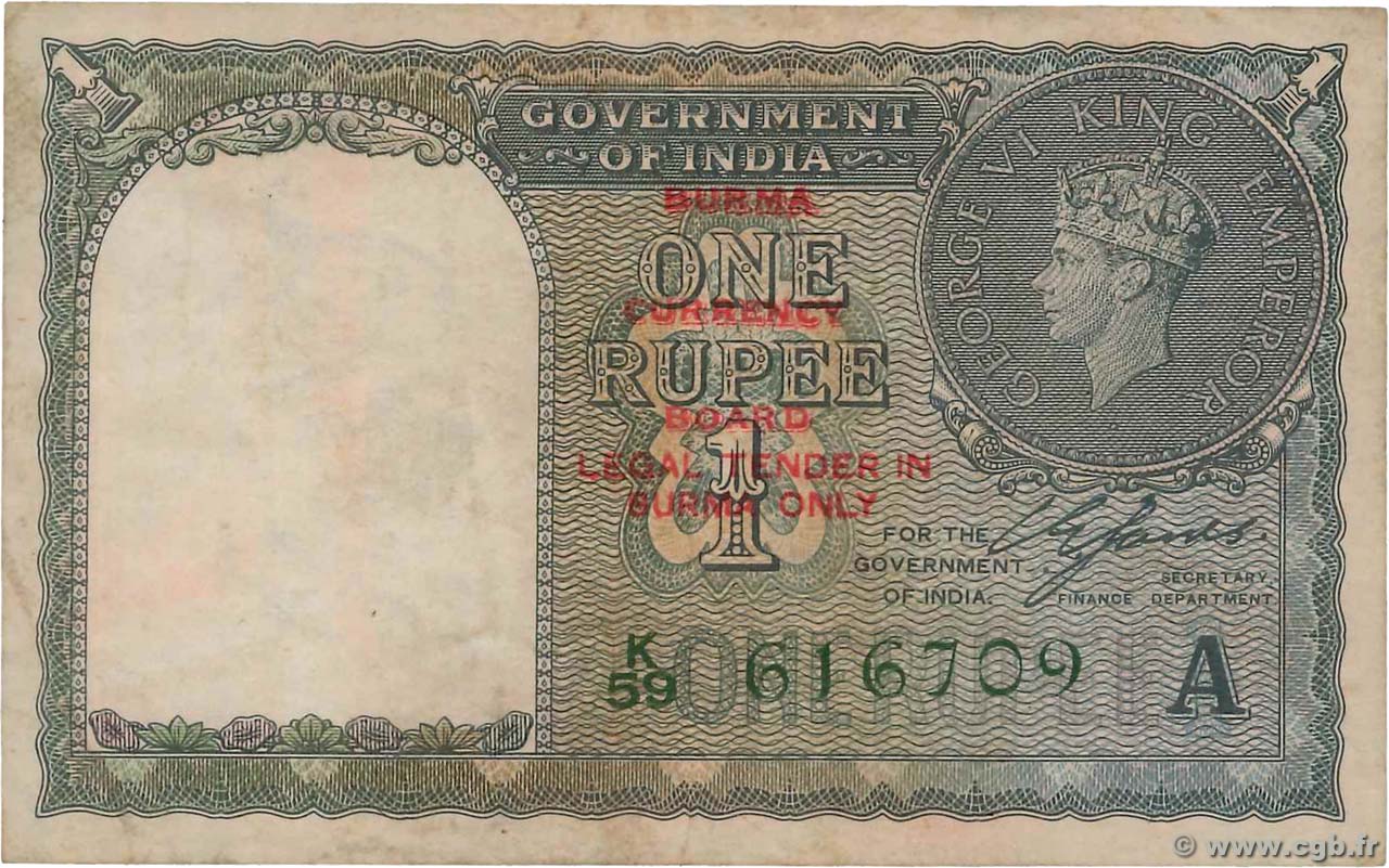1 Rupee BURMA (SEE MYANMAR)  1940 P.30 VF