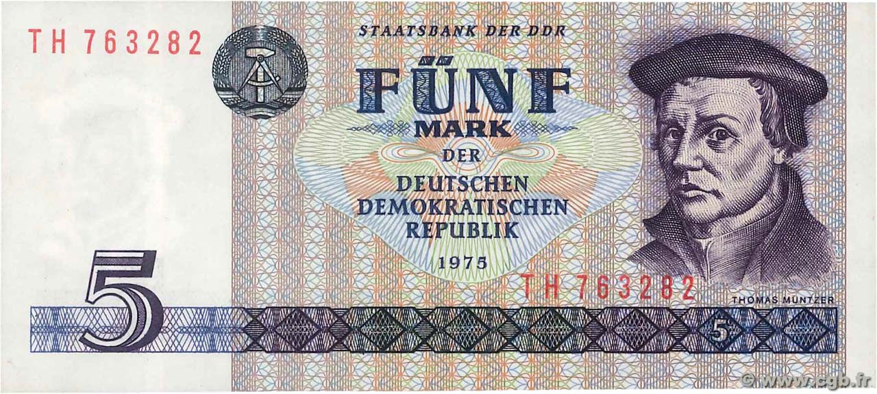 5 Mark GERMAN DEMOCRATIC REPUBLIC  1975 P.27b UNC