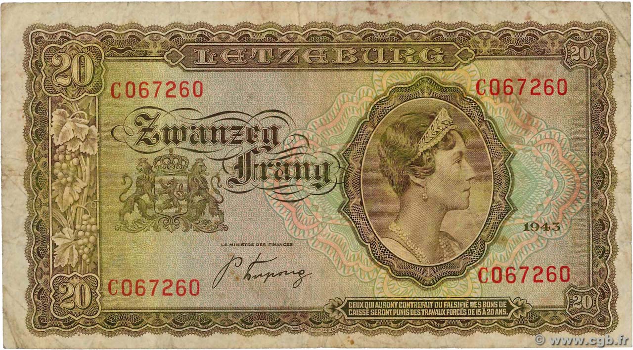 20 Frang LUXEMBOURG  1943 P.42a F