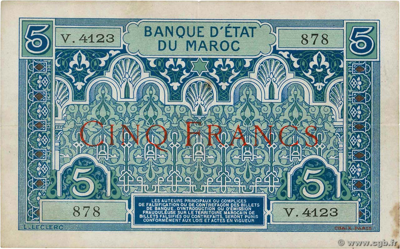 5 Francs MAROC  1924 P.09 TTB