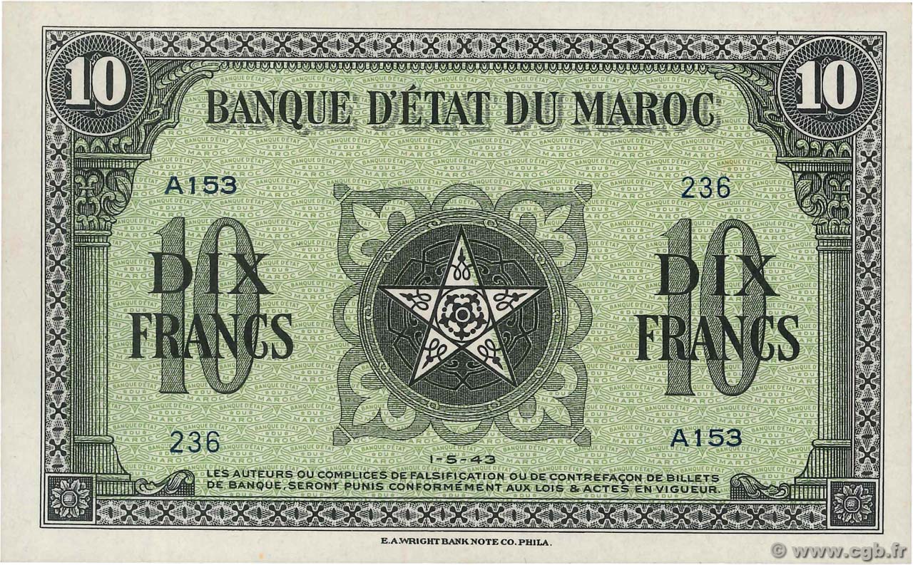 10 Francs MAROKKO  1943 P.25 fST+