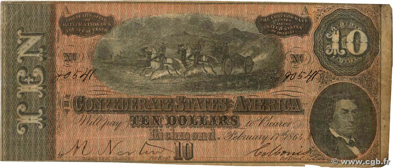 10 Dollars STATI CONFEDERATI D AMERICA  1864 P.68 MB