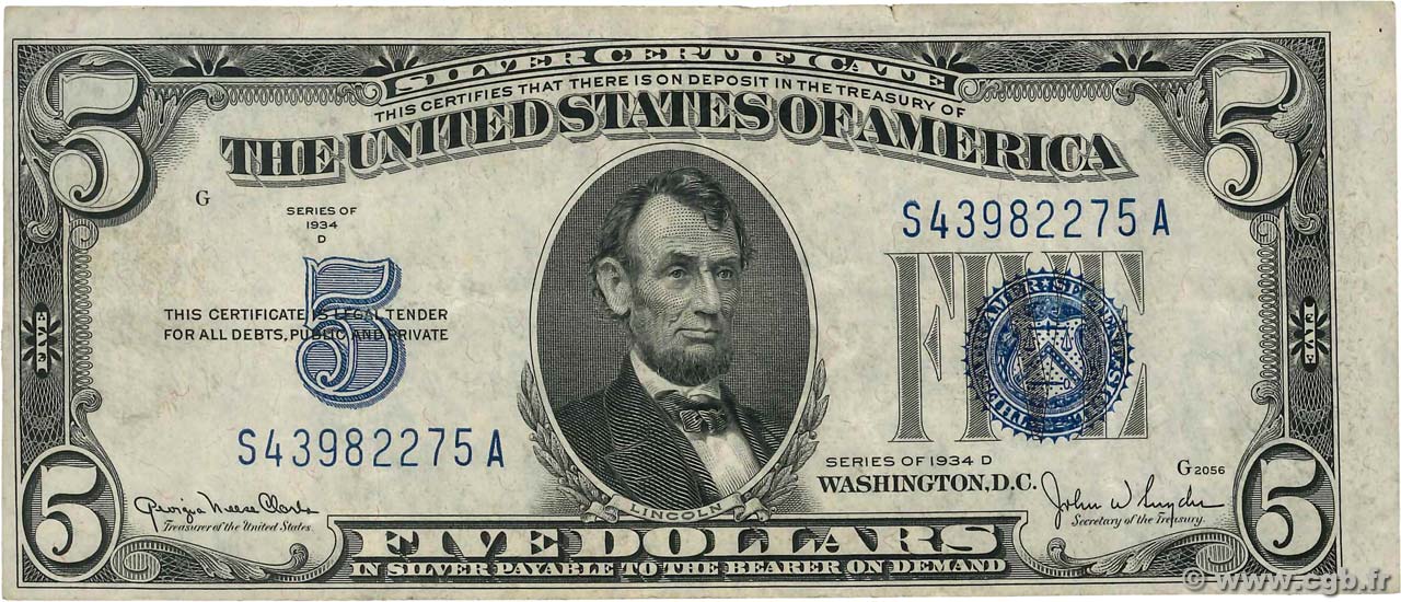 5 Dollars STATI UNITI D AMERICA  1934 P.414Ad BB