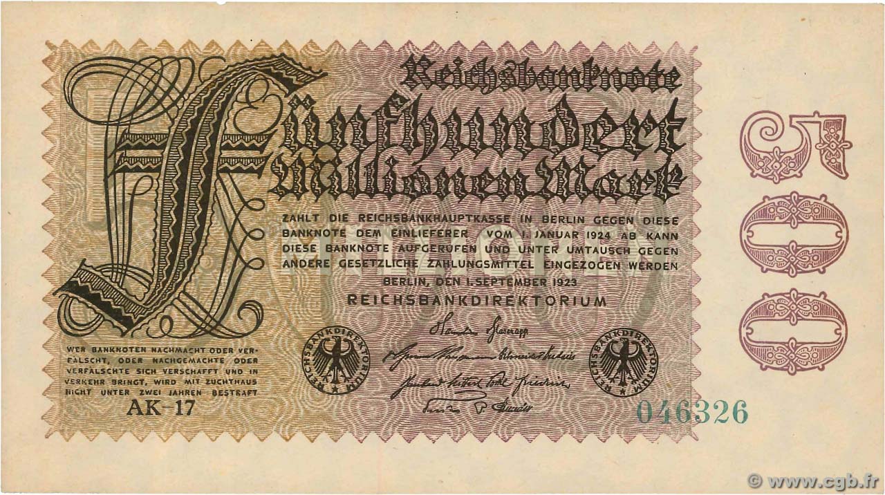 500 Millions Mark GERMANIA  1923 P.110e FDC