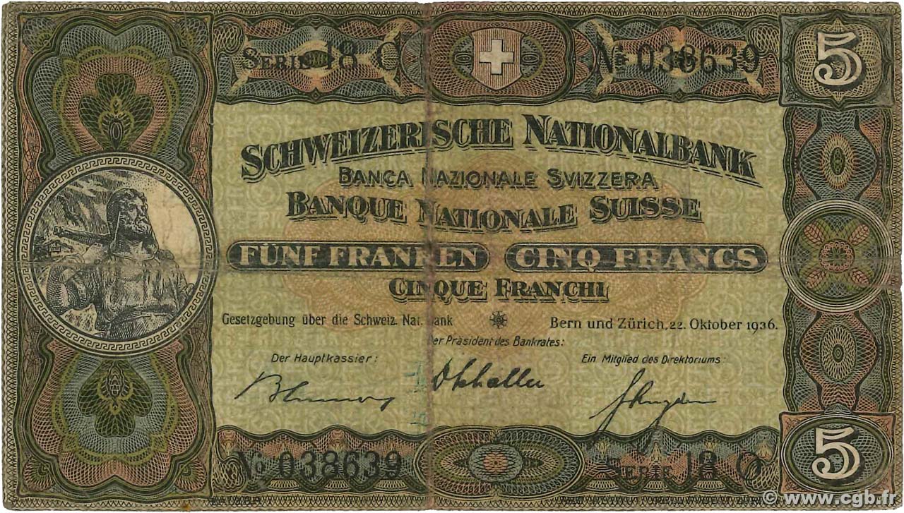 5 Francs SWITZERLAND  1936 P.11h F-
