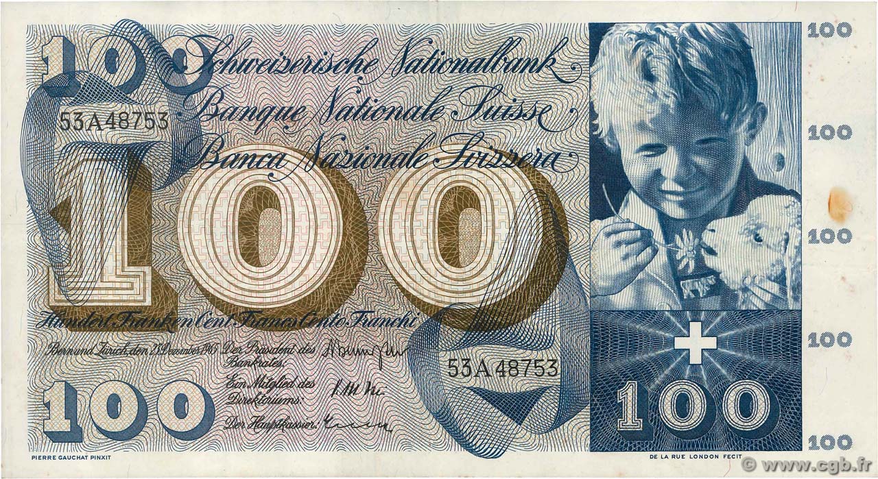 100 Francs SUISSE  1965 P.49h VF+