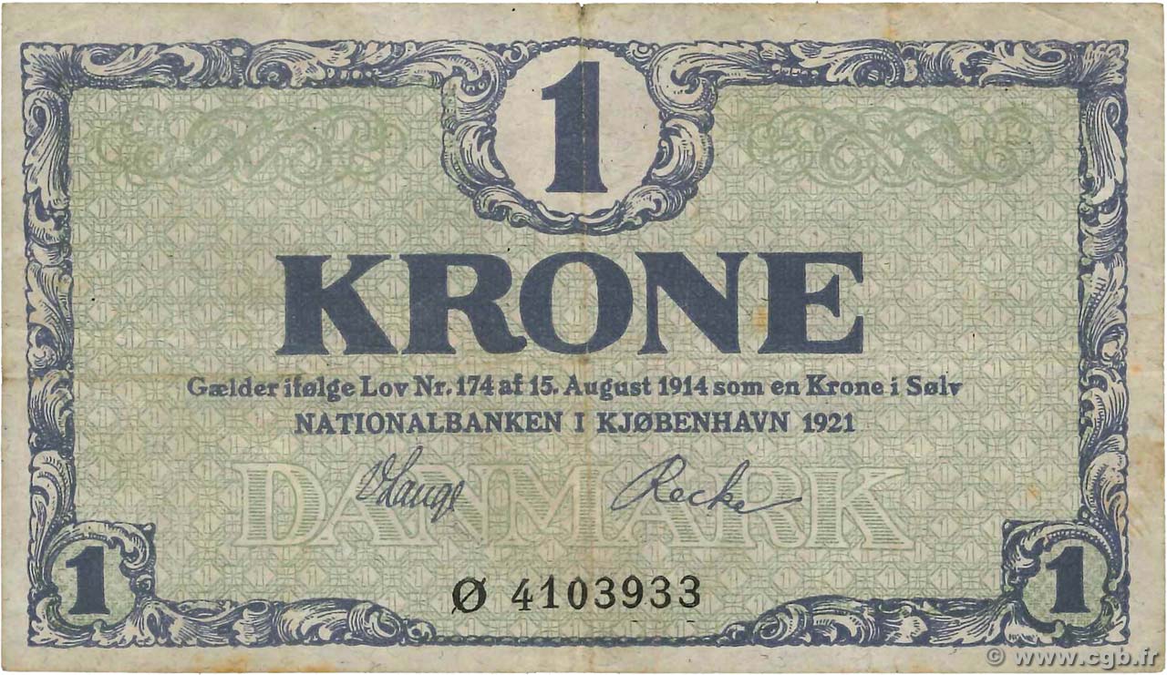 1 Krone DINAMARCA  1921 P.012f MB