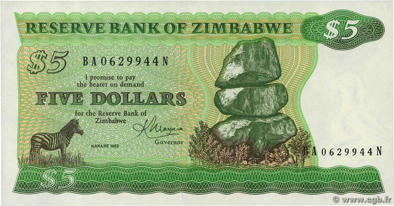 5 Dollars ZIMBABWE  1983 P.02c UNC-