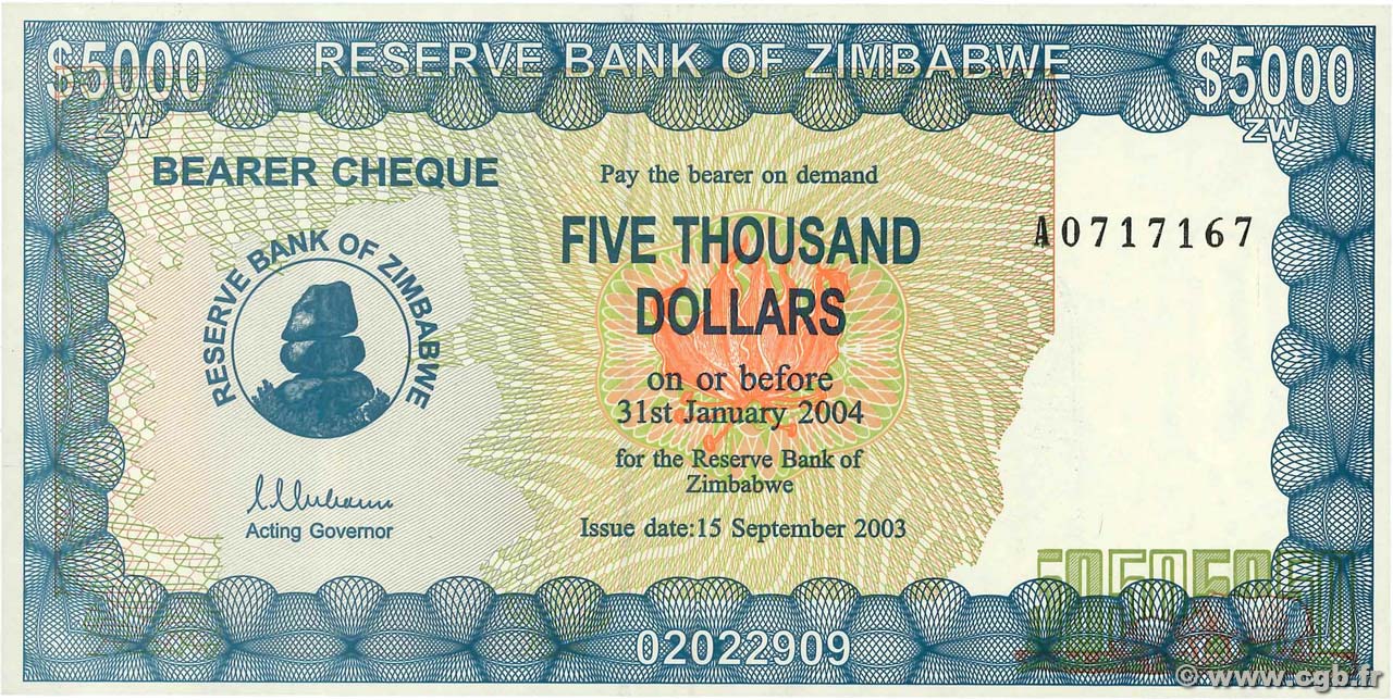 5000 Dollars ZIMBABWE  2003 P.21a UNC