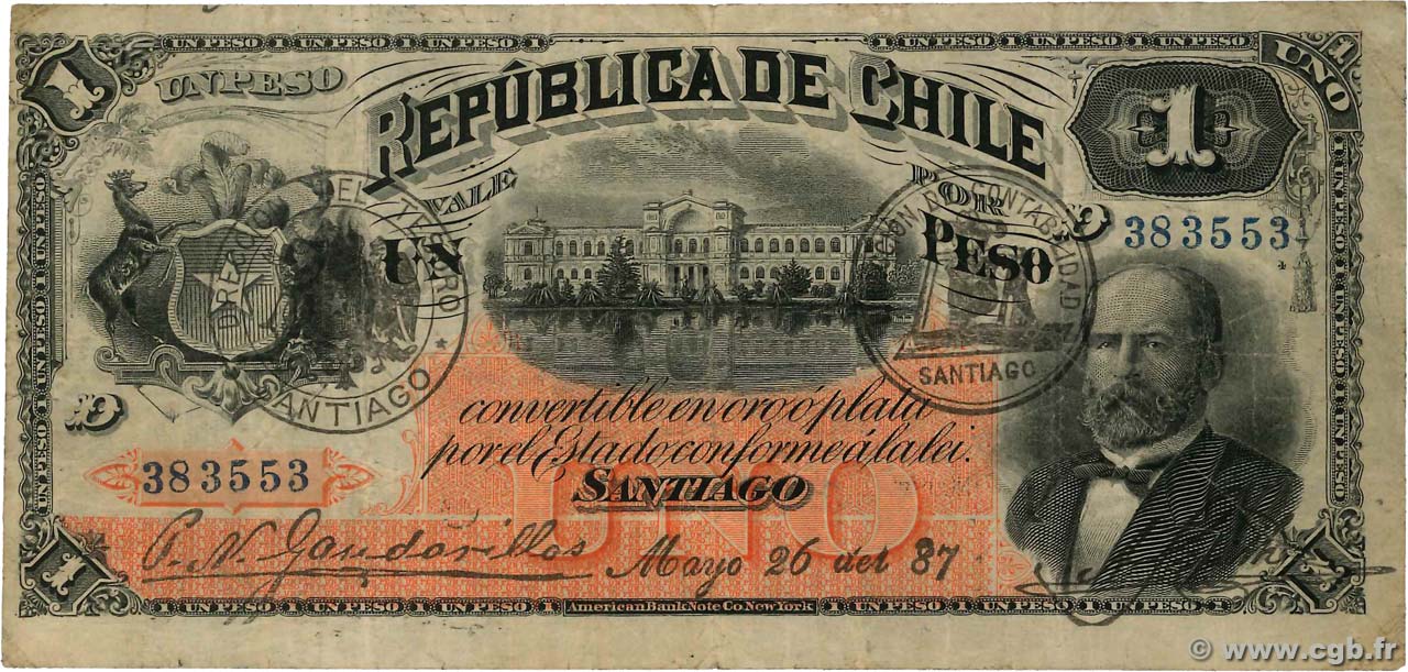1 Peso CHILE
  1887 P.011b BC+