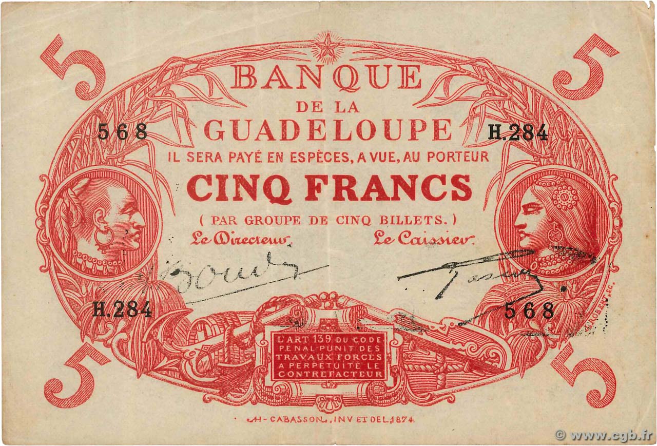 5 Francs Cabasson rouge GUADELOUPE  1945 P.07e SS