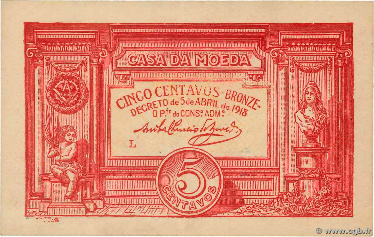 5 Centavos PORTUGAL  1918 P.098 XF
