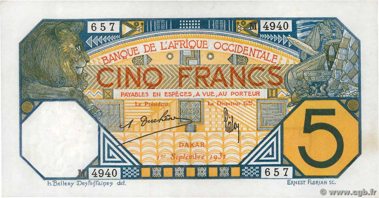 5 Francs DAKAR AFRIQUE OCCIDENTALE FRANÇAISE (1895-1958) Dakar 1932 P.05Bf SUP